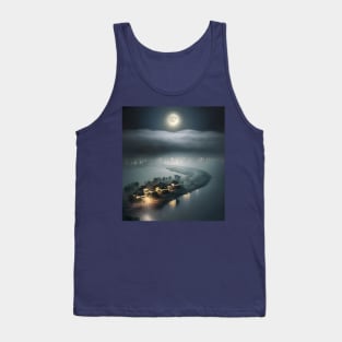 A view from sky of a full moon floating over clouds overlooking beach village Tank Top